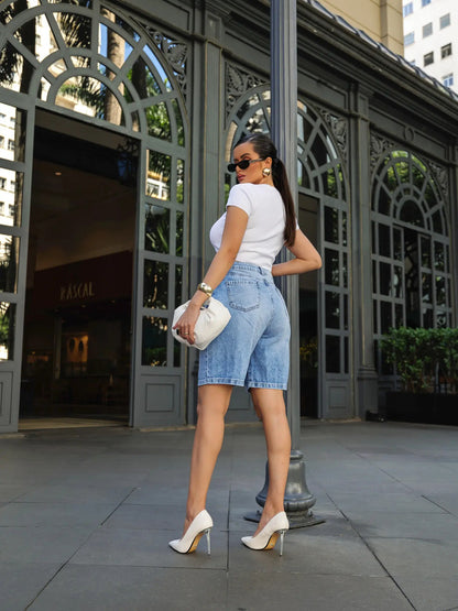 Bermuda Jeans Jorts Feminina Cintura Alta
