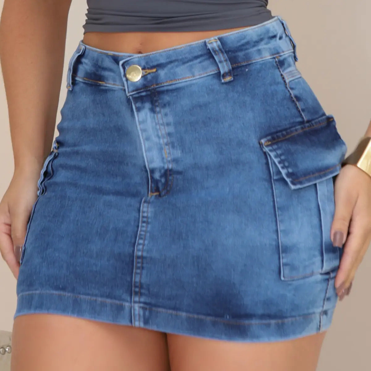 Saia Cargo Feminina Cintura Alta Com Lycra Levanta Bumbum