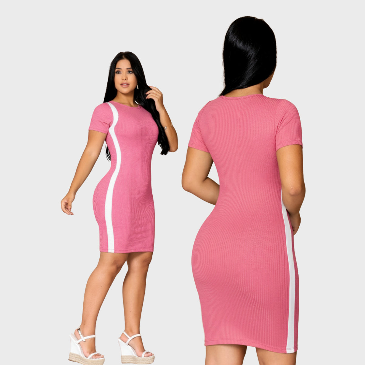 Vestido Canelado Curto Com Manga Casual Básico Modelador