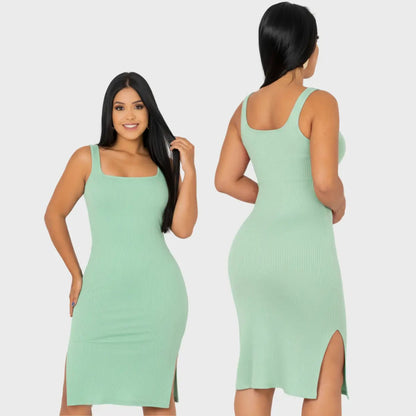 Vestido Midi Canelado Premium Com Alça E Fendas Casual Básico
