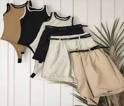 Kit 3 Shorts Alfaiataria 3 Body Canelado Preto Bege Branco