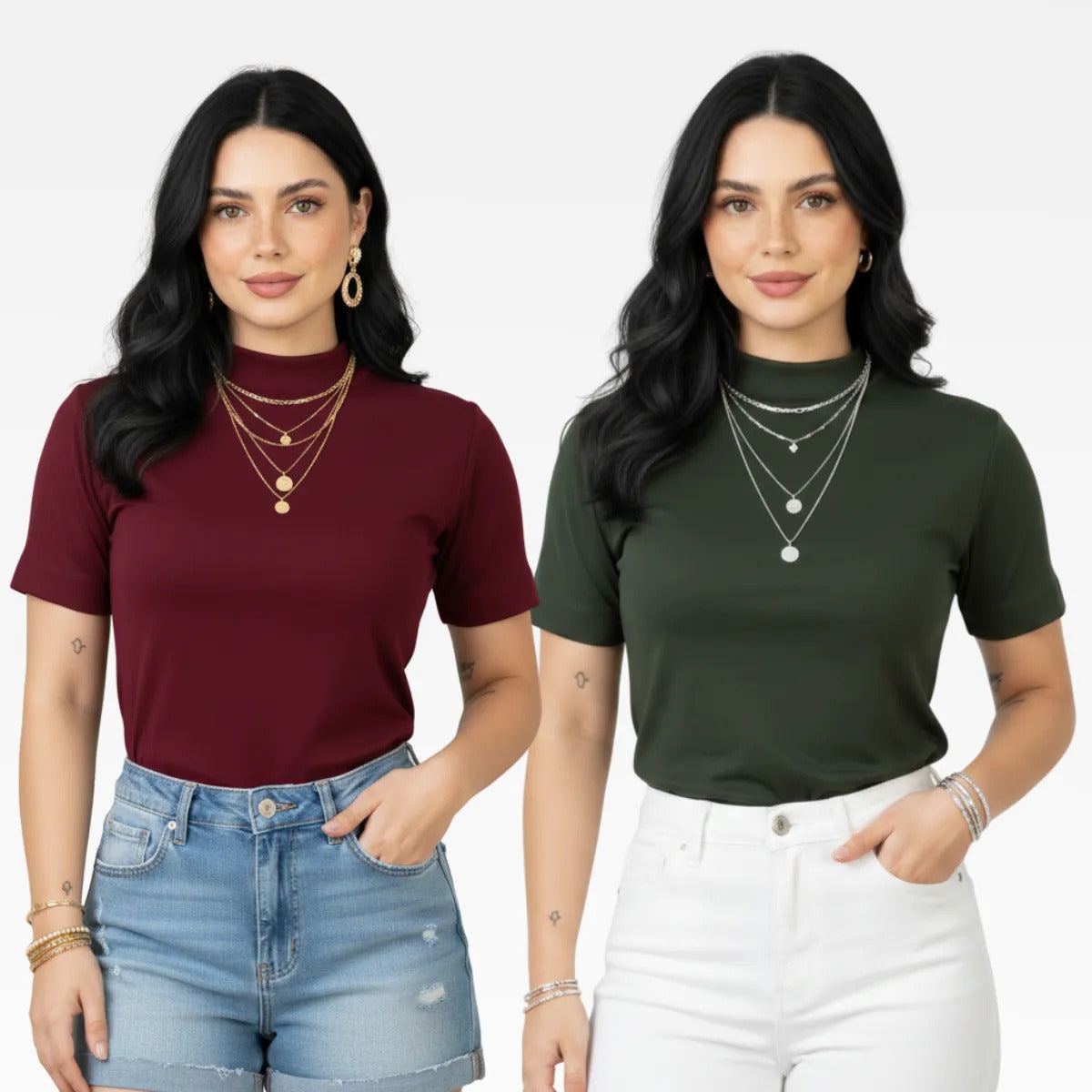 Kit 2 Blusas Camiseta Feminina T Shirt Gola Alta Inverno