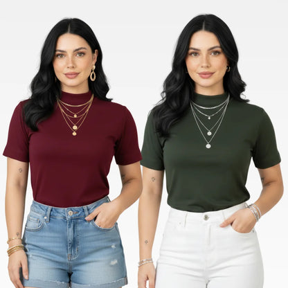 Kit 2 Blusas Camiseta Feminina T Shirt Gola Alta Inverno