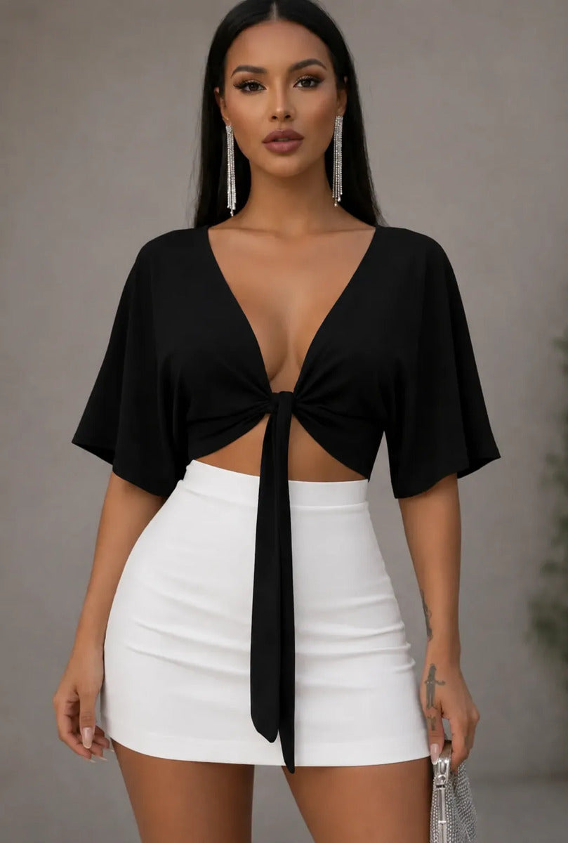 Cropped Feminino Amarração Multiformas Manga Flare