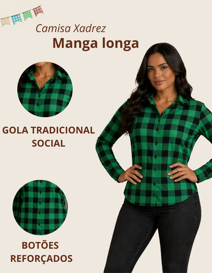 Camisa Xadrez Longa Blusa Manga Festa Junina Social De Botão
