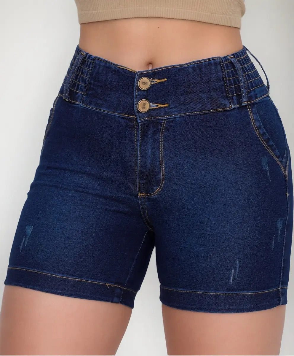Bermuda Meia Coxa Jeans Feminina Com Lycra Cós Alto