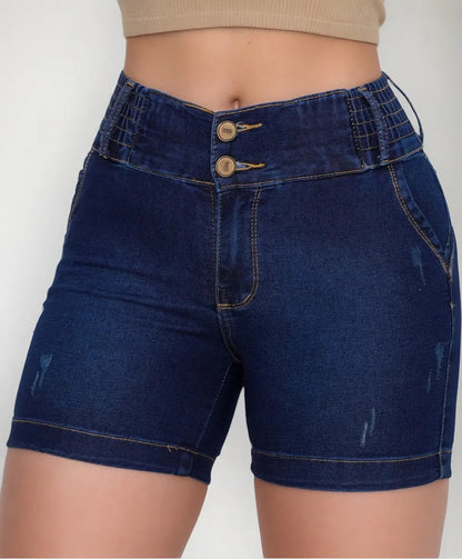 Bermuda Meia Coxa Jeans Feminina Com Lycra Cós Alto
