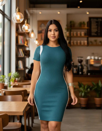 Vestido Canelado Curto Com Manga Casual Básico Modelador