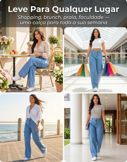 Calça Cargo Feminina Wide Leg Cintura Alta Jeans  Stillger
