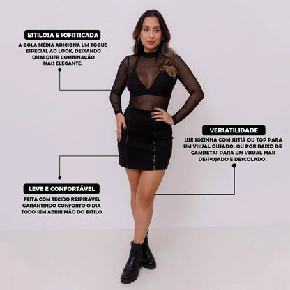 Blusa Tule Transparente Feminina Segunda Pele Manga Longa