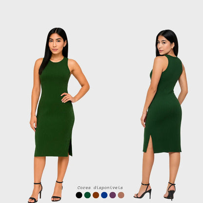 Vestido Canelado Midi Regata Com Fenda Zero Transparência