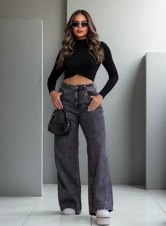 Calça Jeans Feminina Wide Leg Pantalona  100% Algodão