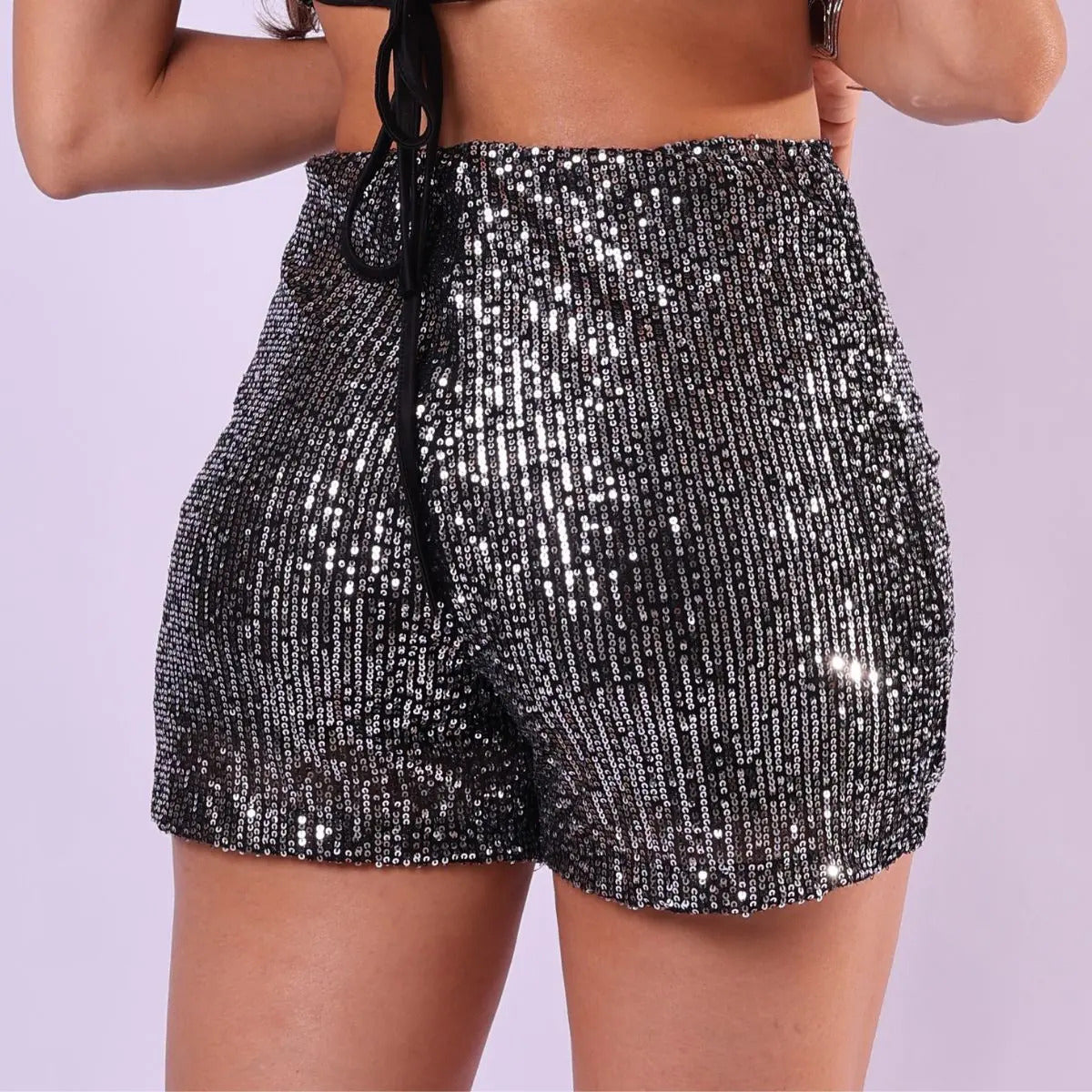 Short Bermuda Feminino Cintura Alta Paetê Balada Moda Brilho