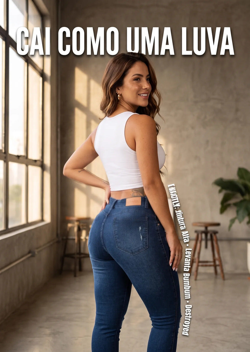 Calça Feminina Jeans Cintura Alta Skinny Levanta Bumbum