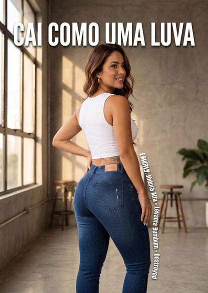 Calça Feminina Jeans Cintura Alta Skinny Levanta Bumbum