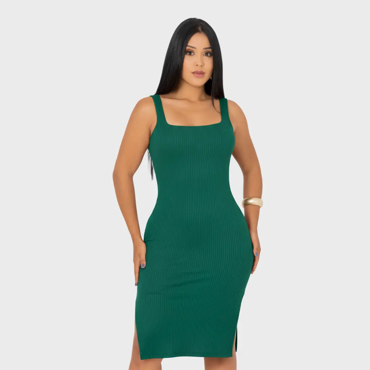 Vestido Midi Canelado Premium Com Alça E Fendas Casual Básico
